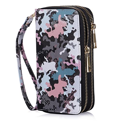 HAWEE Geldbörse mit doppeltem Reißverschluss für Damen, Clutch, mit Handyhalterung für Smartphone/Karte/Münzen/Bargeld, Camo Pink, 6.9*3.5*1.9 inch, Casual von HAWEE