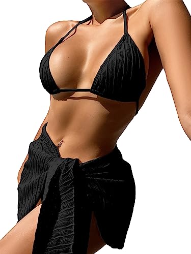 HAWILAND Bikini Damen Set 3 Teiliger mit Cover up Rock Triangel Bademode Neckholder String Bikinioberteil Einfarbig Badeanzug Elegant Beachwear Swimsuit #1 Schwarz L von HAWILAND