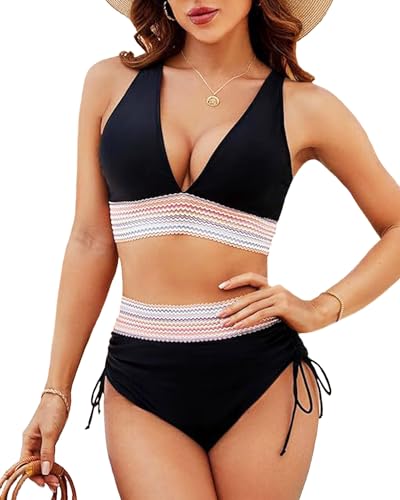 HAWILAND Bikini Damen Set Push Up Bademode Farbblock High Waist Badeanzug mit Kordelzug Elegant Beachwear Zweiteiliger Swimsuit Schwarz L von HAWILAND