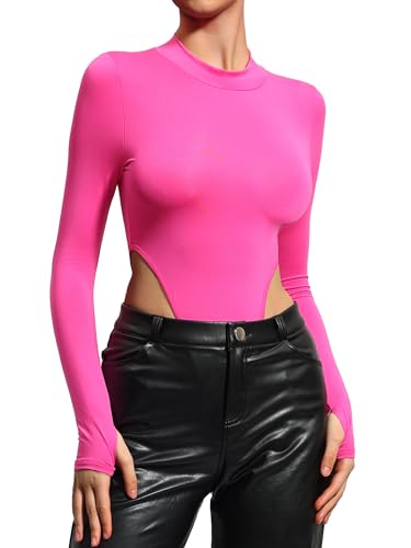 HAWILAND Body Damen Langarm Bodysuit High Cut Hoher Ausschnitt Damenbody Top Sexy High Leg Stehkragen Rave Outfit für Herbst Winter #4 Highcut Rosarot L von HAWILAND