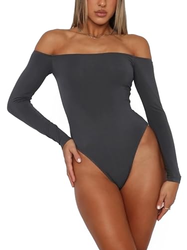 HAWILAND Body Damen Schulterfreies Oberteil Langarm Damenbody Sexy Elegant Bodysuit Top Slim Unterziehbody für Frauen #1 Grau L von HAWILAND