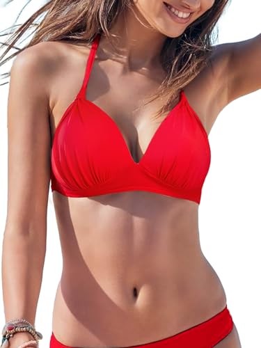 HAWILAND Push Up Bikini Oberteil Damen Sportlich Neckholder Bikini Top Retro Sexy Bikini mit Schnürung abnehmbaren Pads Rot M von HAWILAND