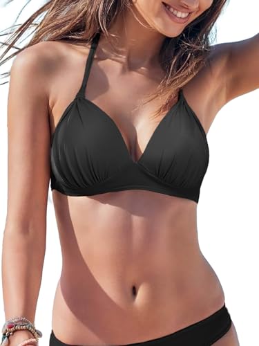 HAWILAND Push Up Bikini Oberteil Damen Sportlich Neckholder Bikini Top Retro Sexy Bikini mit Schnürung abnehmbaren Pads Schwarz M von HAWILAND