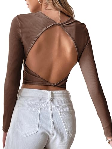 HAWILAND Rückenfreies Oberteil Damen Langarm Crop Top gedrehnter Rücken Langarmshirt Rave Outfit für Party Club Night Out #1 Khaki M von HAWILAND