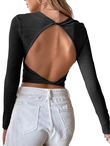 HAWILAND Rückenfreies Oberteil Damen Langarm Crop Top gedrehnter Rücken Langarmshirt Rave Outfit für Party Club Night Out #1 Schwarz S von HAWILAND