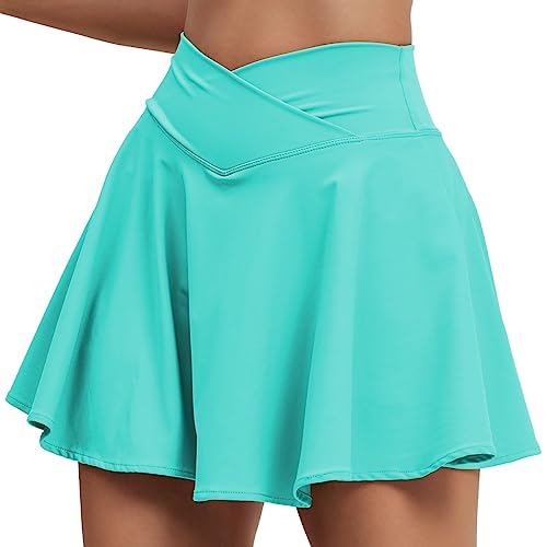 HAWILAND Tennisrock Damen - Hosenrock Crossover Waist V-Bund Tennis Skort mit Taschen Golfrock für Radfahren Wandern Laufen #5 Hell Blau XL von HAWILAND