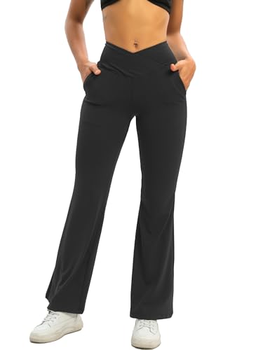 HAWILAND Yogahose Damen lang - breites Bein Jogginghose V Bund Schlaghose High Waist lockere Palazzo Hose für Yoga Sport Freizeit #1 V-Rücken Schwarz L von HAWILAND