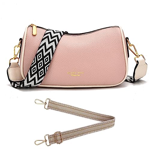 Crossbody Bag Damen Breiter Gurt Umhängetasche Kleine Handtasche Leder Schultertasche Bauchtasche Brusttasche Moderne Taschen mit Breitem Schultergurt für iPhone, Handy bis zu 7" (Rosa) von HAWILL