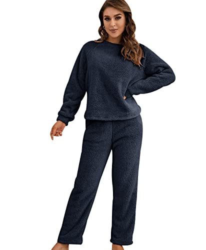 Flies Hausanzug Damen Kuschelig Freizeitanzug Loungewear Damen Set Tracksuit Women Fleece Hausanzug Frauen Große Größen Damen-Hausanzug Modern Freizeitanzüge für Frauen Trainingsanzug Damen Marine XL von HAXNOHEY