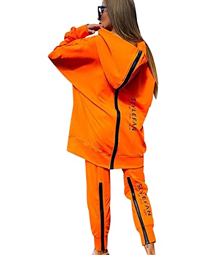 Freizeitanzug Damen Sport Trainingsanzug Damen Set Lang Tracksuit Women Hausanzug Frauen Loungewear Damen Set Jogginganzüge Trainingsanzüge Damen Große Größen Modern Lässige Oversize Locker Orange XL von HAXNOHEY