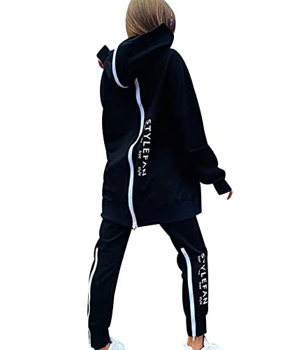 Freizeitanzug Damen Sport Trainingsanzug Damen Set Lang Tracksuit Women Hausanzug Frauen Loungewear Damen Set Jogginganzüge Trainingsanzüge Damen Große Größen Modern Lässige Oversize Locker Schwarz XL von HAXNOHEY