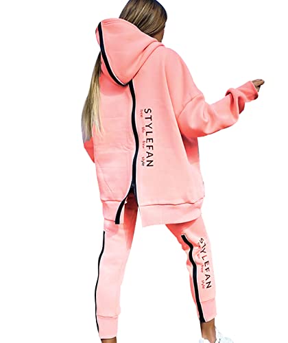 Freizeitanzug Damen Sport Trainingsanzug Damen Set Lang Tracksuit Women Hausanzug Frauen Loungewear Damen Set Jogginganzüge Trainingsanzüge Damen Große Größen Modern Lässige Oversize Locker Rosa L von HAXNOHEY