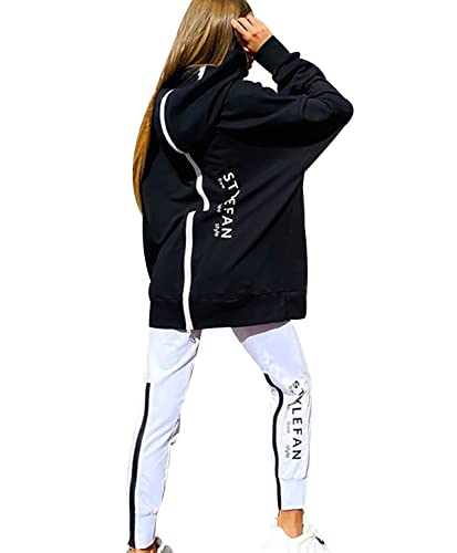 Freizeitanzug Damen Sport Trainingsanzug Damen Set Lang Tracksuit Women Hausanzug Frauen Loungewear Damen Set Jogginganzüge Trainingsanzüge Damen Große Größen Modern Oversize Locker Schwarz Weiß XL von HAXNOHEY