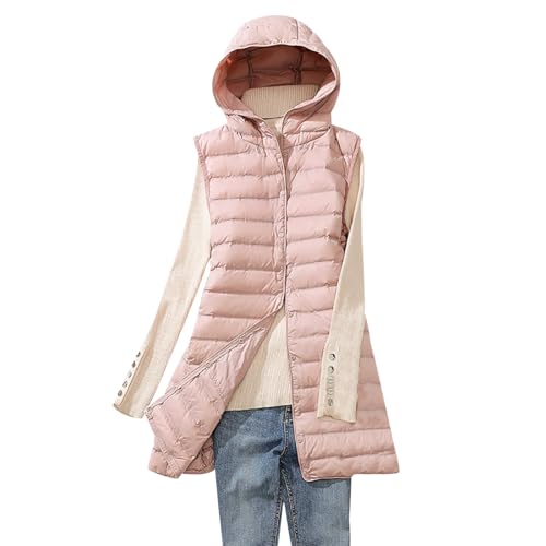 Lange Steppweste Damen Leicht Leichte Daunenweste Damen Ärmellose Steppweste Jacke Ärmellos Damen Westen Puffer Weste Wattierte Weste Damen mit Kapuze Lang Warme Gesteppte Weste Stepp Damen Rosa 3XL von HAXNOHEY