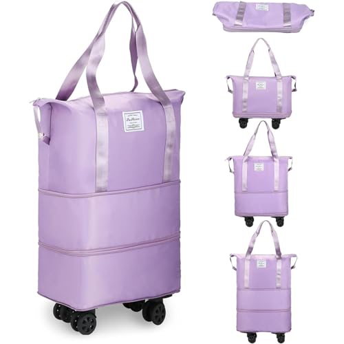 Wochenendtasche Damen Erweiterbare, Abnehmbare RäDer, Reisetasche Auf Rollen Wasserdicht, VerschleißFest, Luggage Bag Geeignet FüR Sportliche AktivitäTen,Purple von HAZARA