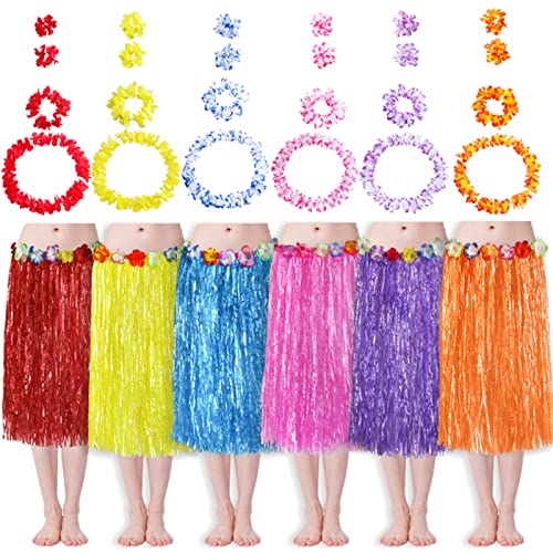 HBell 6 Set 30 Stück hawaiianische Grasröcke und hawaiianische Girlanden,hawaiianische Leis-Armband,Stirnband,Kostüm,Verkleidung,für Kinder und Erwachsene,Sommer,Strand,tropische Party-Dekorationen von HBell