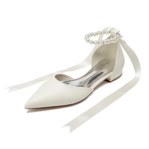 HCDZF Brautschuhe Damen Satin Flache Ballerinas für Damen Schuh mit Spitzer Hochzeitsschuhe,Offwhite,40 EU von HCDZF