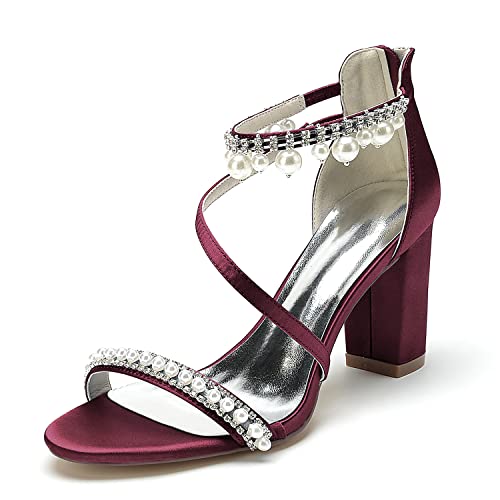 HCDZF Frauen Brautschuhe Schuhe Offene Zehe High Heel Satin Sandalen Hochzeitsschuhe,Burgundy,42 EU von HCDZF