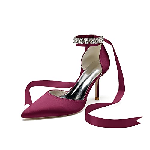 HCDZF Hochzeit Schuhe für Braut Brautjungfer Frauen Geschlossene Zehe Spitz Satin Pumps Hochzeit Abend Täglich,Burgundy,40 EU von HCDZF