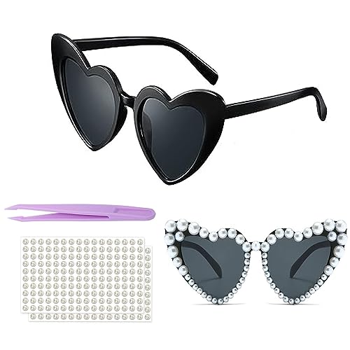 HCYANGZHANG Mediumherz Sonnenbrille Schwarz Herz Sonnenbrille, Schwarze Herz Sonnenbrille 1+Diy WeißEr Diamant 2+Pinzette 1,1 Set Retro Damen Sonnenbrille Herz Party ZubehöR Diy Matching von HCYANGZHANG