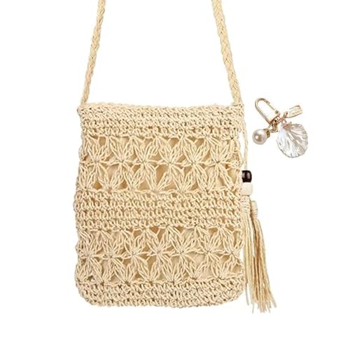 HCYANGZHANG Strohtaschen Damen,Korbtasche, Sommer Strandtasche Damen, Basttaschen Damen, Hohle Freizeittasche mit Quaste, Korbtasche Klein, Boho Tasche, 1 Strandmuschel-Accessoire-Anhänger mit von HCYANGZHANG