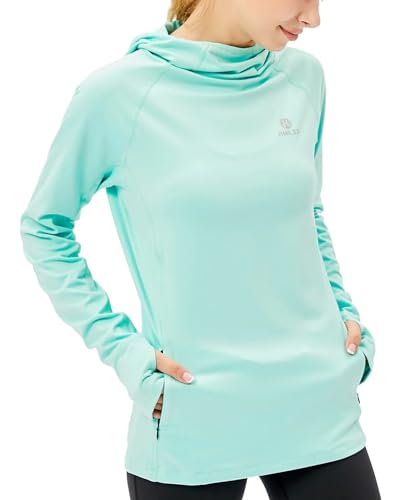 HDTIYUYP Langärmeliges Laufshirt für Damen – Thermo-Sport-Kapuzenpullover mit Reißverschlusstasche, Fitness-Shirts, UV-Wander-T-Shirt, Outdoor-Sport-Top mit Daumenloch, Hellblau, EU XL/14 UK von HDTIYUYP