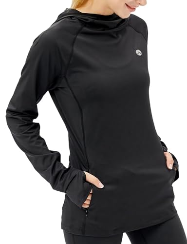 HDTIYUYP Langärmeliges Laufshirt für Damen, Thermo-Sport-Kapuzenpullover mit Reißverschlusstasche, Fitness-Shirts, UV-Wander-T-Shirt, Outdoor-Sport-Top mit Daumenloch, Schwarz , Small von HDTIYUYP