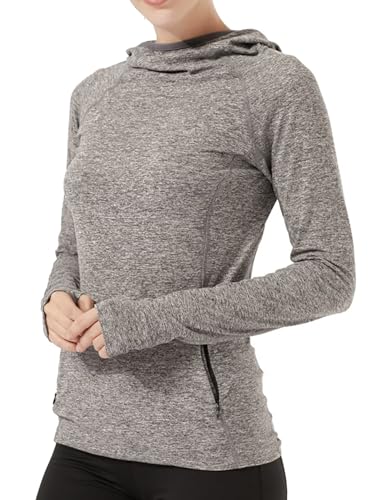 HDTIYUYP Langärmeliges Laufshirt für Damen, Thermo-Sport-Kapuzenpullover mit Reißverschlusstasche, Fitness-Shirts, UV-Wander-T-Shirt, Outdoor-Sport-Top mit Daumenloch, grau, M von HDTIYUYP