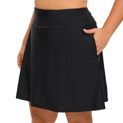 HDTIYUYP Plus-Size Frauen Schwimmen Rock mit hoher Taille UV Schwimmen Skort mit Shorts Damen Strand Wassersport Badeanzug Röcke Bottoms Reißverschluss Taschen Schwarz 1X von HDTIYUYP