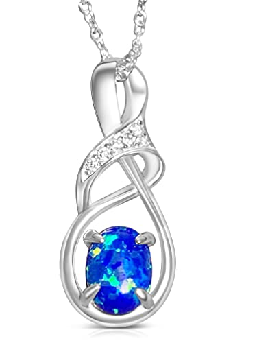 Langer, klassischer Wirbel-Anhänger aus Sterlingsilber mit 8 x 6 mm großem, massivem Feueropal und Zirkonia, verstellbare Silberkette, 45, Sterling Silber, Opal Zirkonia von HEART'S ART A HIDDEN ART OF LOVE