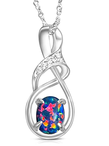 Langer, klassischer Wirbel-Anhänger aus Sterlingsilber mit 8 x 6 mm großem, massivem Feueropal und Zirkonia, verstellbare Silberkette, 45, Sterling Silber, Opal Zirkonia von HEART'S ART A HIDDEN ART OF LOVE