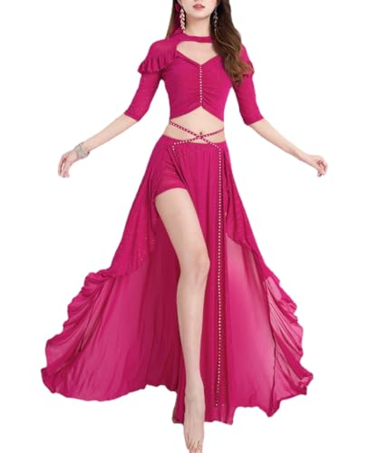 HEARTTOUCH Bauchtanz Kostüm Damen Kurzarm Bauchtanz Crop Top Tanzen Oberteil Lang Röcke Belly Dance Outfit Tanzkostüm Karneval Fasching (Dunkellila,XL) von HEARTTOUCH