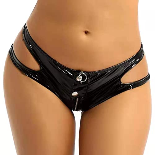 HEARTTOUCH Damen Wetlook Ouvert-Slip PU Leder Tanga String mit Ketten Reißverschlüsse Frauen Panties Offen Schritt Unterhose Erotik Dessous Reizwäsche (L,A Schwarz) von HEARTTOUCH