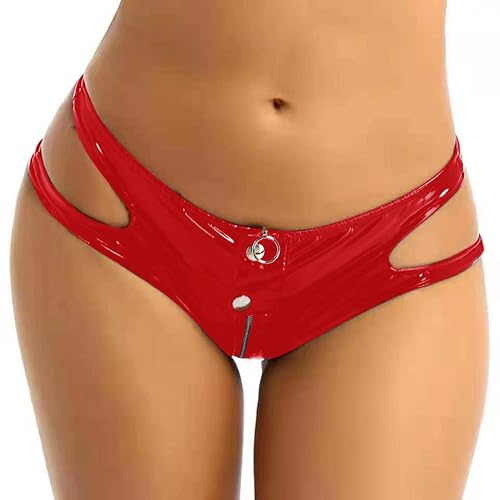 HEARTTOUCH Damen Wetlook Ouvert-Slip PU Leder Tanga String mit Ketten Reißverschlüsse Frauen Panties Offen Schritt Unterhose Erotik Dessous Reizwäsche (XXL,A Rot) von HEARTTOUCH