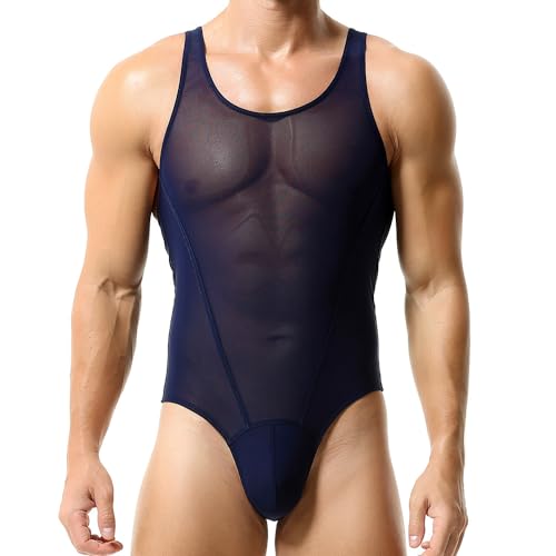 HEARTTOUCH Herren Transparent Mesh Body Sexy Unterwäsche Wrestling Singlets Body Ärmellose Unterhemd Männer Gym Overall Bodysuit M-XXL (Blau,L) von HEARTTOUCH