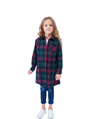 HEARTTOUCH Mädchen Oversize Hemd Kariertes Bluse Shirt Baumwolle Langarmshirt Kinder Plaid Blusenkleid Hemdkleid Longshirt Loose T-Shirt Tunika (B Grün,150,150) von HEARTTOUCH