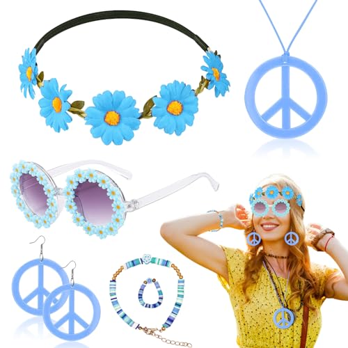 6 Stücke Hippie Damen Zubehör Set, 60er 70er Jahre Hippie Kostüm Zubehör mit Gänseblümchen Stirnband Sonnenbrille Friedenszeichen Halskette Ohrringe Armband Ring für Halloween Karneval Party(Blau) von HEAWAA