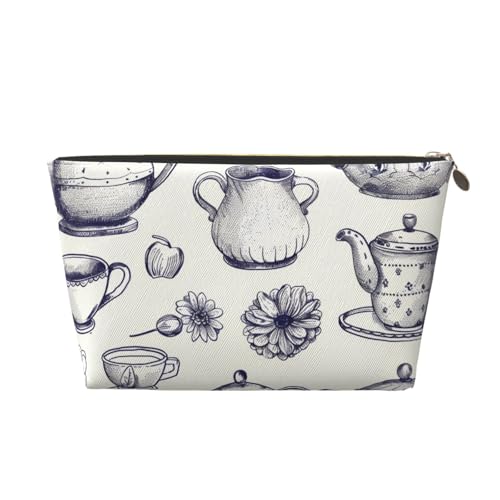 Handgezeichnete Teekannen und Tassen, bedrucktes PVC-Leder, Reise-Kulturbeutel mit goldfarbenen Reißverschlüssen, wasserdichter Kosmetik-Organizer für Make-up, Toilettenartikel & Essentials, gold Handgezeichnete Teekannen und Tassen, bedrucktes PVC-Leder, Reise-Kulturbeutel mit goldfarbenen Reißverschlüssen, wasserdichter Kosmetik-Organizer für Make-up, Toilettenartikel & Essentials, gold von HEBSDFG