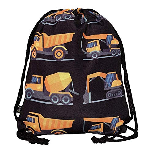 HECKBO Kinder Jungen Turnbeutel - schwarz, beidseitig mit 8 Baufahrzeugen Bedruckt - 40x32cm - für Kindergarten, Kindergartenrucksack von HECKBO