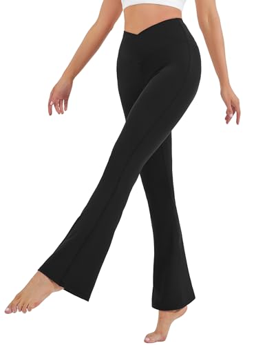 HEGALY Damen-Yogahose – überkreuzte Schlag-Leggings, butterweich, hohe Taille, Workout, lässig, Bootcut-Hose, Schwarz, L von HEGALY