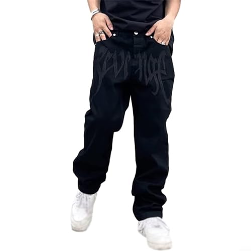 HEIBTENY Baggy Jeans Für Herren, Bedruckt Hip Hop Mode Jeans, Teenager Jungen Streetwear Stil, Skateboard Y2K Hose Für Skateboarder Und Urbane Enthusiasten, S~4XL(L Black) von HEIBTENY