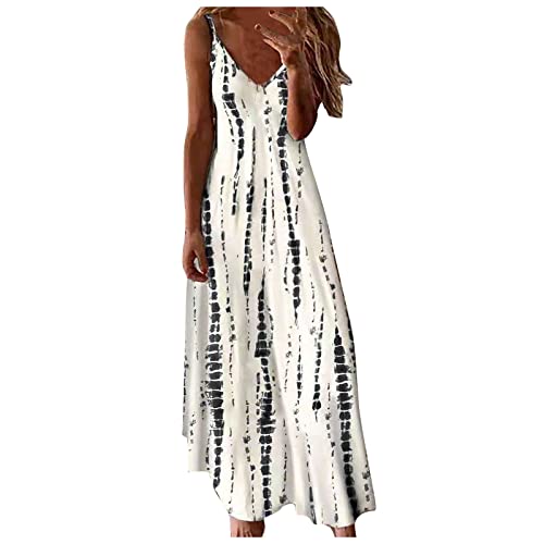 HEITUI Sommerkleider Damen Leicht und Luftig Strandkleider Sommer Große Größen Trägerkleid Elegant Freizeitkleid Lang Maxikleider Boho Stil Spaghettiträger Kleid Damen Lang Camisole Kleid Weiß M von HEITUI