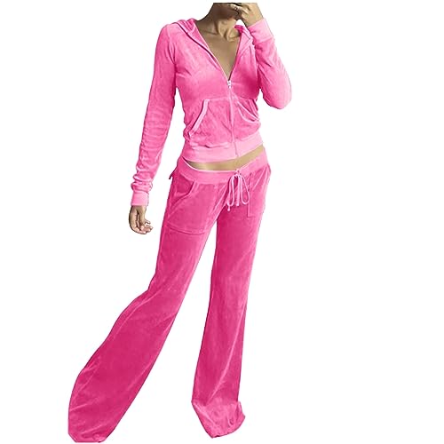 Jogginganzug Damen Samt Trainingsanzug Tracksuit Elegant 2 Teilig Kapuzenjacke Langarm Zipper Sweatjacke Lang Hose Einfarbig Zweiteiler Outfit Hoodie Sweatsuit Kapuze Hausanzug Hosenanzug Rosa M von HEITUI