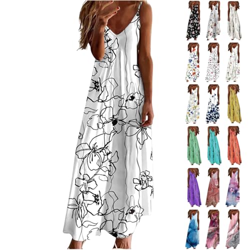 Sommerkleid Damen Leicht Strandkleider Damen Sommer Trägerkleid Damen Sommer Freizeitkleid Damen Große Größen Maxikleider Damen Sommer Spaghettiträger Kleid Damen Lang Ballkleider Damen Lang Weiß 5XL von HEITUI