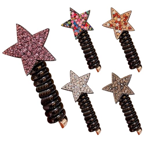 Haarbänder für Mädchen 5pcs Telefon Draht Spiralhaar Bindungen Kein Schaden mit Strasspentagramm Dekor Telefonkabel Ponytailhalter von HEKARBAMILL