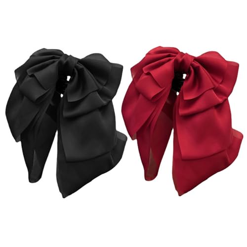 Haarbögen für Frauen 2pcs schwarzes rotes Haar Bogen Satin Bogen Haare Klammern Große Silky Ribbon Bögen Haarzubehör Kurztyp Barrettes von HEKARBAMILL