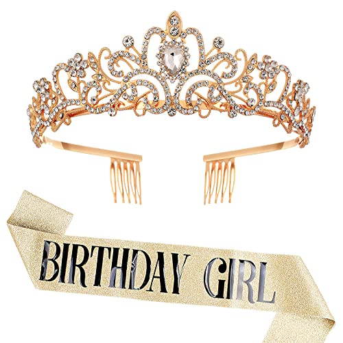 HENGBIRD Geburtstag Krone Schärpe, Kronenkristall Tiara, Geburtstagskrone Schärpe Geburtstagskrone Geburtstag Tiara Krone 13.-70.Frauen Mädchen Geburtstag Tiara für Dekorationen (Gold) von HENGBIRD