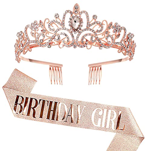 HENGBIRD Geburtstag Krone Schärpe, Kronenkristall Tiara, Geburtstagskrone Schärpe Geburtstagskrone Geburtstag Tiara Krone 13.-70.Frauen Mädchen Geburtstag Tiara für Dekorationen (Roségold) von HENGBIRD