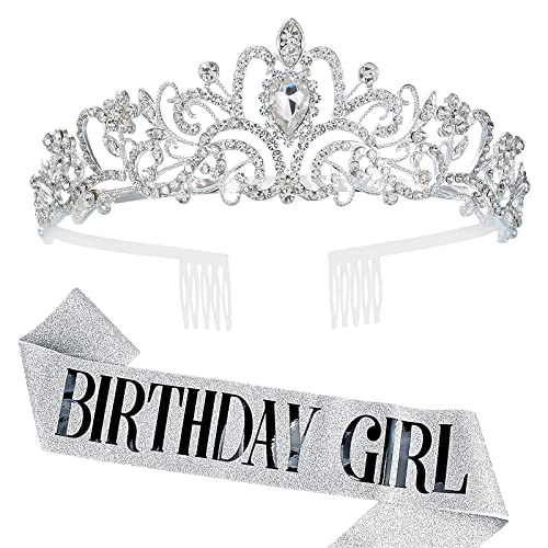 HENGBIRD Geburtstag Krone Schärpe, Kronenkristall Tiara, Geburtstagskrone Schärpe Geburtstagskrone Geburtstag Tiara Krone 13.-70.Frauen Mädchen Geburtstag Tiara für Dekorationen (Silber) von HENGBIRD