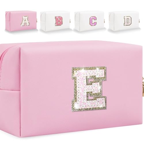 HENGNI Kleine Make-up-Tasche mit Buchstaben, niedliches PU-Leder, Chenille-Buchstaben, Kosmetiktasche, Reise-Make-up-Tasche, Reise-Organizer, Reißverschluss-Tasche für Damen und Mädchen, glitzernd von HENGNI